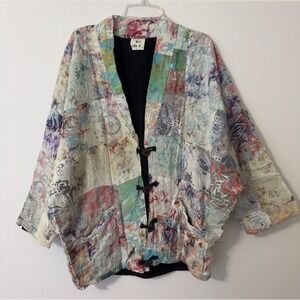 Patchwork Kimono Jacket XL Watercolor Batik Print Toggle Closure Open Front Boho